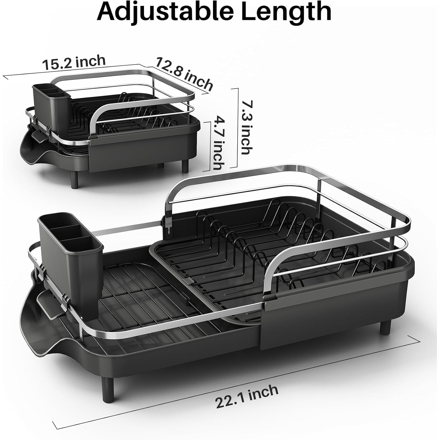 SNTD Dish Drying Rack, Expandable Dish Rack for Kitchen Counter, Stainless Steel Dish Drainer with Drainboard Set and Utensil Holder (Black)