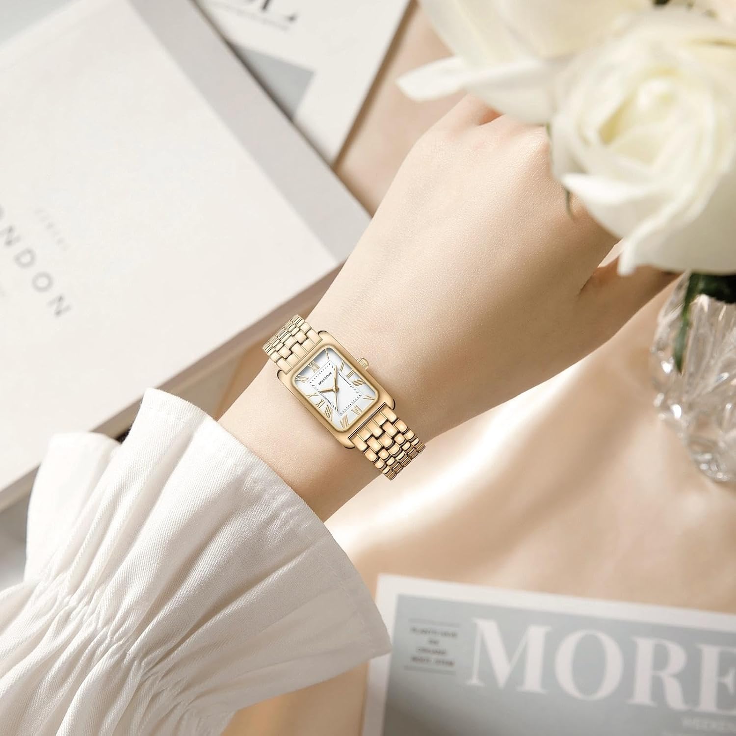 HOLSTOUR Watches for Women Vintage Bracelet Roman Dial Rectangular Case Gold Watch Waterproof with Tools