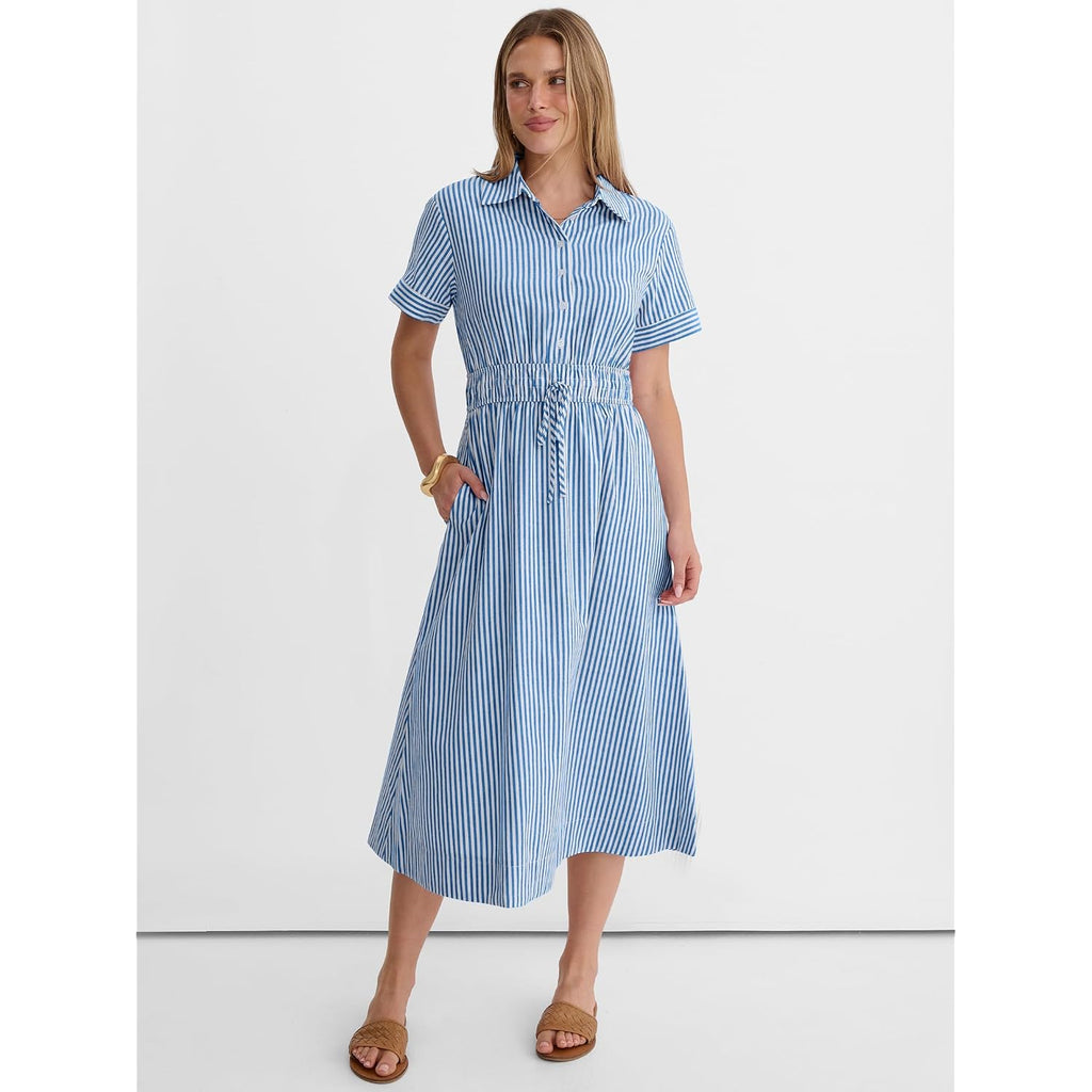 Anrabess Women Summer Short Sleeve Midi Dress, Striped & Gingham, Casual A-Line Button Collar Shirt Dress, Beach & Vacation
