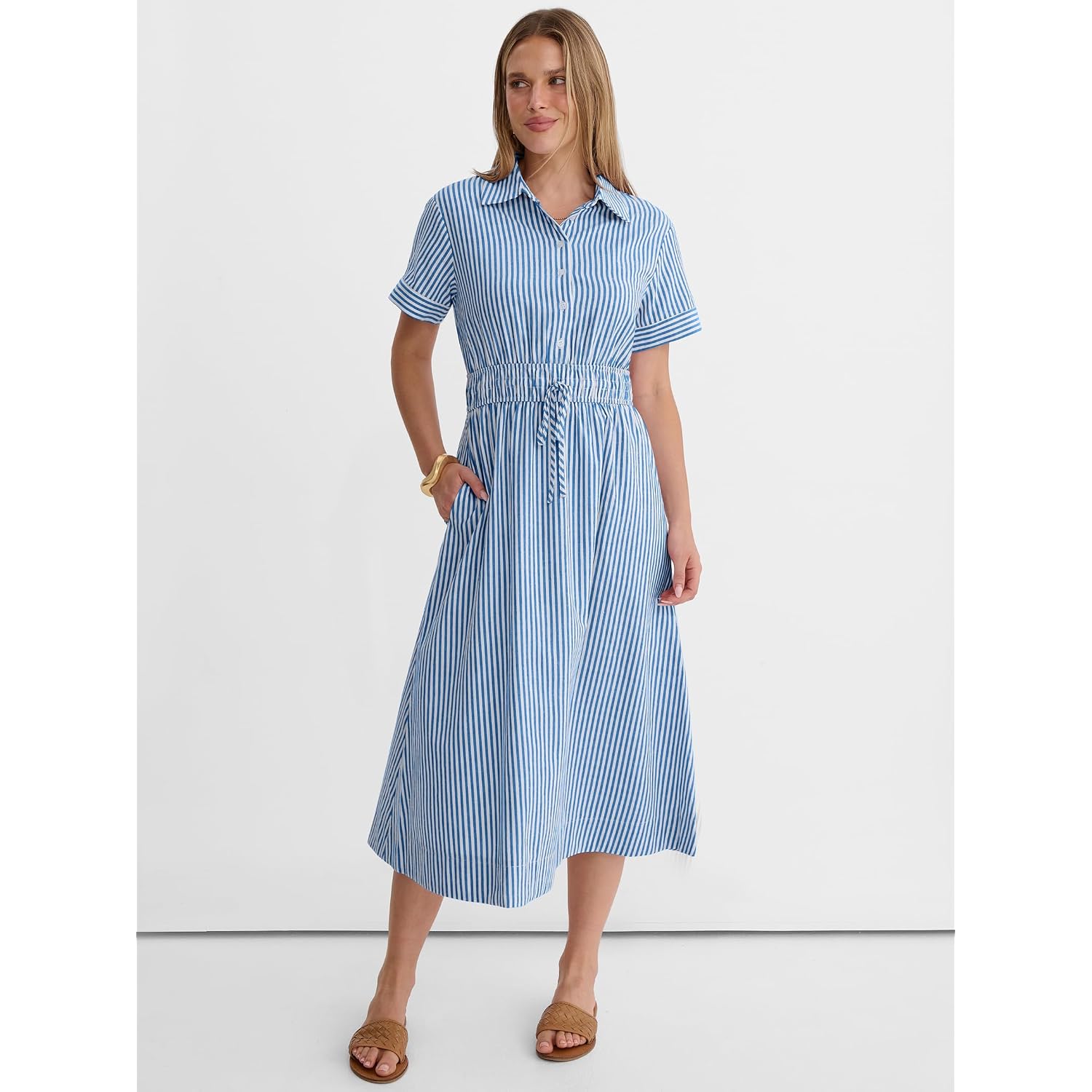 Anrabess Women Summer Short Sleeve Midi Dress, Striped & Gingham, Casual A-Line Button Collar Shirt Dress, Beach & Vacation