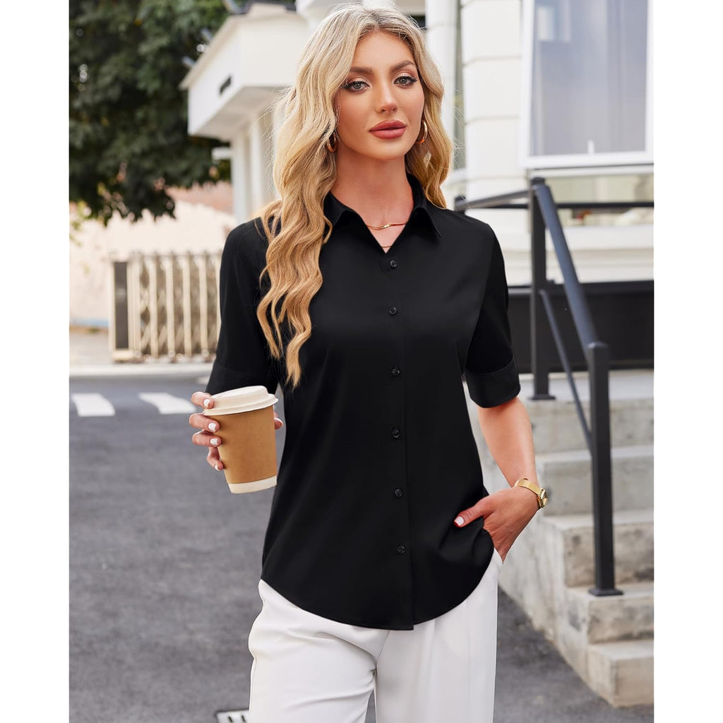 Button Down Shirts for Women Fitted Short Sleeve Dress Shirt Collared Blouses Work Tops Wrinkle Free