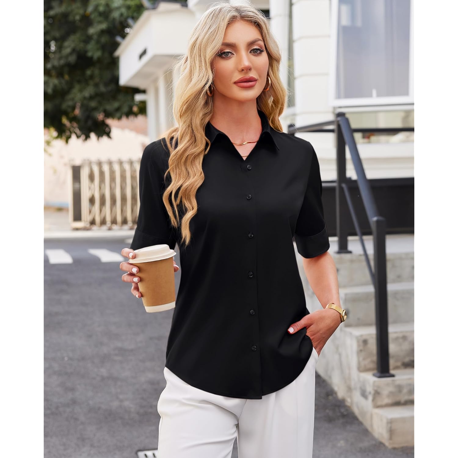 Button Down Shirts for Women Fitted Short Sleeve Dress Shirt Collared Blouses Work Tops Wrinkle Free