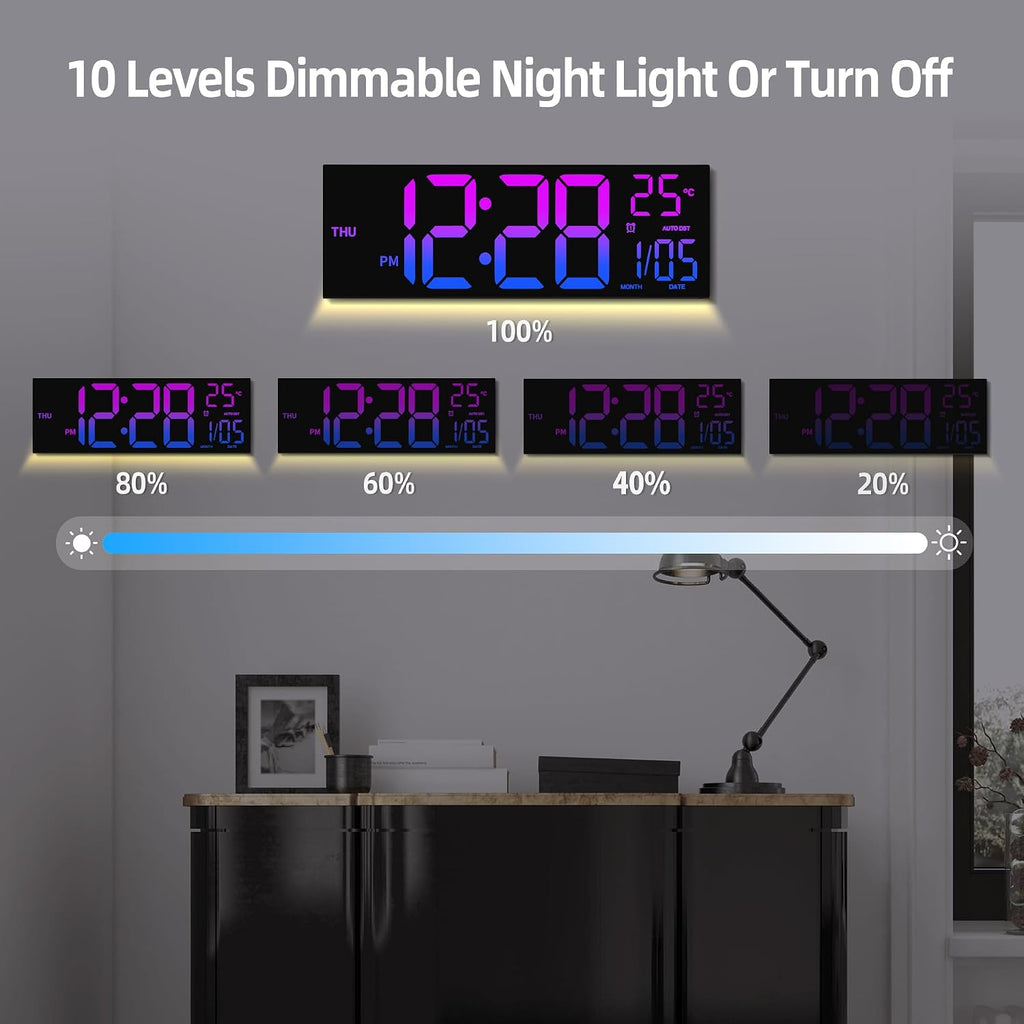 Haitang 8 Colors Digital Wall Clock, 16.2" Large Digital Clock With Temperature, Date, Auto Dst, Night Light, Auto Brightness Dimmer, 24/12-Hour Wall Clock For Living Room Office Classroom Gym
