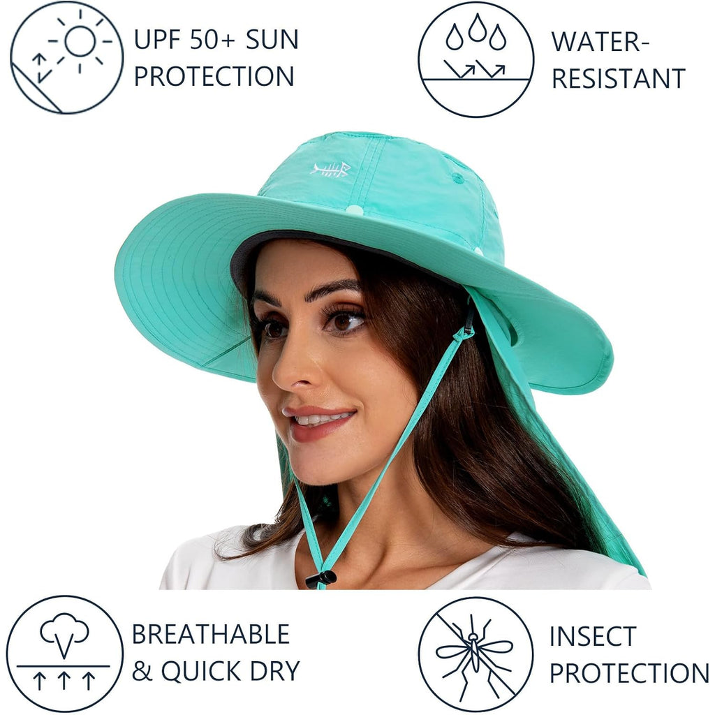 BASSDASH UPF 50+ Mosquito Sun Hat with Hidden Head Net and Neck Flap for Men Women Outdoor Fishing Hiking Camping Turquoise