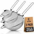 Eleen Premium Stainless Steel Fine Mesh Strainers For Kitchen 3-Piece Set With Non-Slip Handle, Small, Medium & Large Sieves, Colanders And Sifter For Sifting, Straining, Pastas Tea, Rice Vegetables
