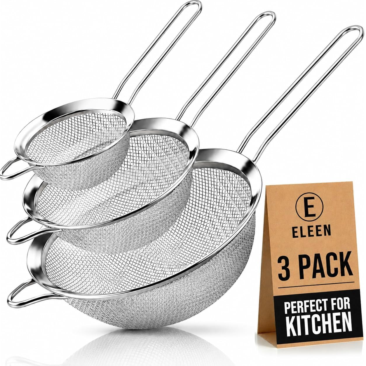 Eleen Premium Stainless Steel Fine Mesh Strainers For Kitchen 3-Piece Set With Non-Slip Handle, Small, Medium & Large Sieves, Colanders And Sifter For Sifting, Straining, Pastas Tea, Rice Vegetables
