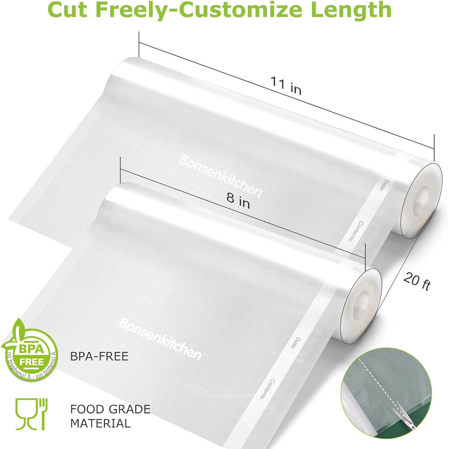 Bonsenkitchen Vacuum Sealer Rolls Bags, 6 Pack 3 Rolls 11" x 20' + 3 Rolls 8" x 20' Commercial Grade BPA Free Bag Rolls, Durable Customized Size Food Vac Bags for Storage and Sous Vide Cooking VB3211