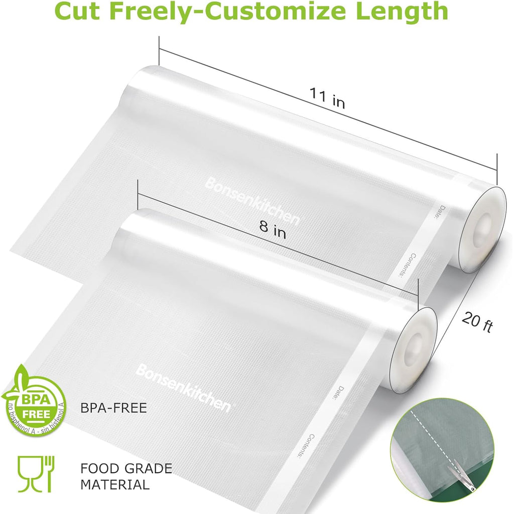 Bonsenkitchen Vacuum Sealer Rolls Bags, 3 Rolls 11"X 20'+ 3 Rolls 8"X 20' | 6 Pack, Commercial Grade, Durable, Bpa-Free, Custom-Size Vacuum Sealer Bags For Dry/Moist Food Storage And Sous Vide, Vb3211