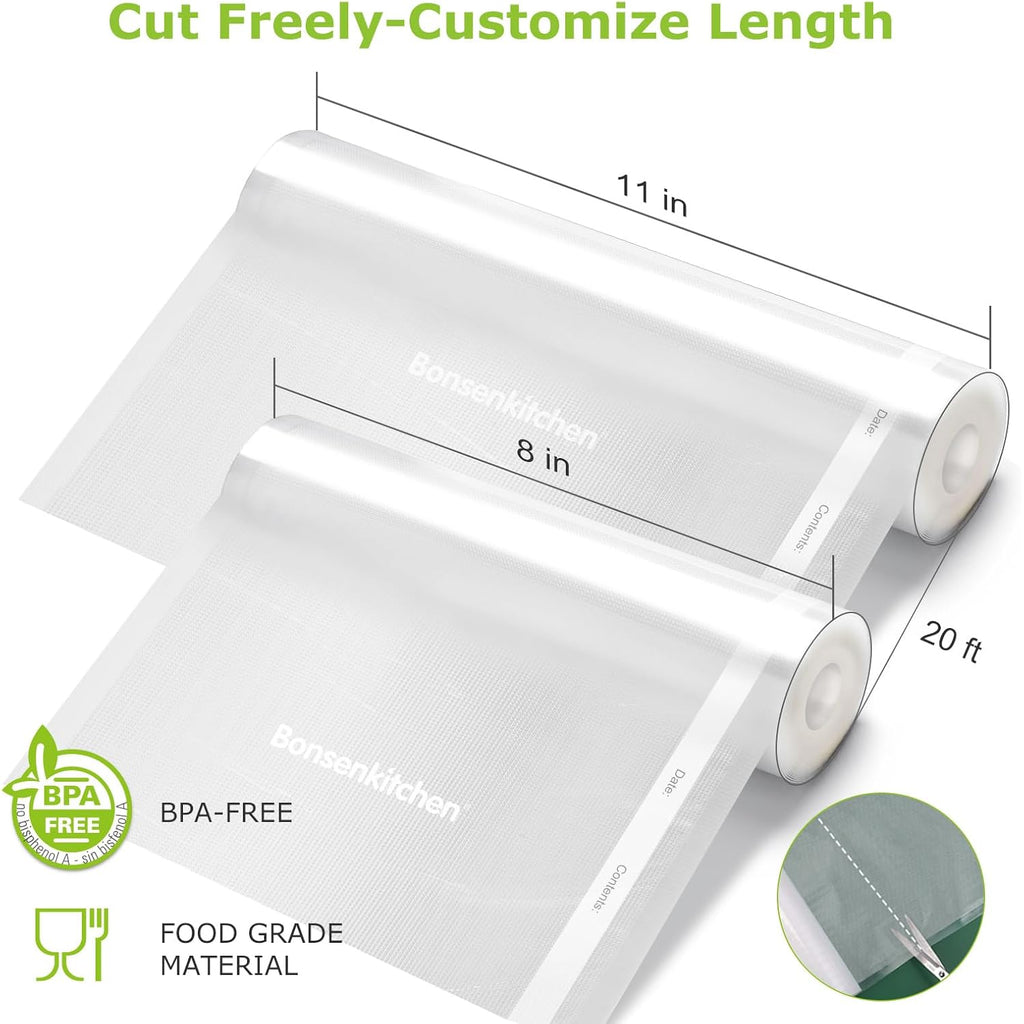 Bonsenkitchen Vacuum Sealer Rolls Bags, 6 Pack 3 Rolls 11" x 20' + 3 Rolls 8" x 20' Commercial Grade BPA Free Bag Rolls, Durable Customized Size Food Vac Bags for Storage and Sous Vide Cooking VB3211