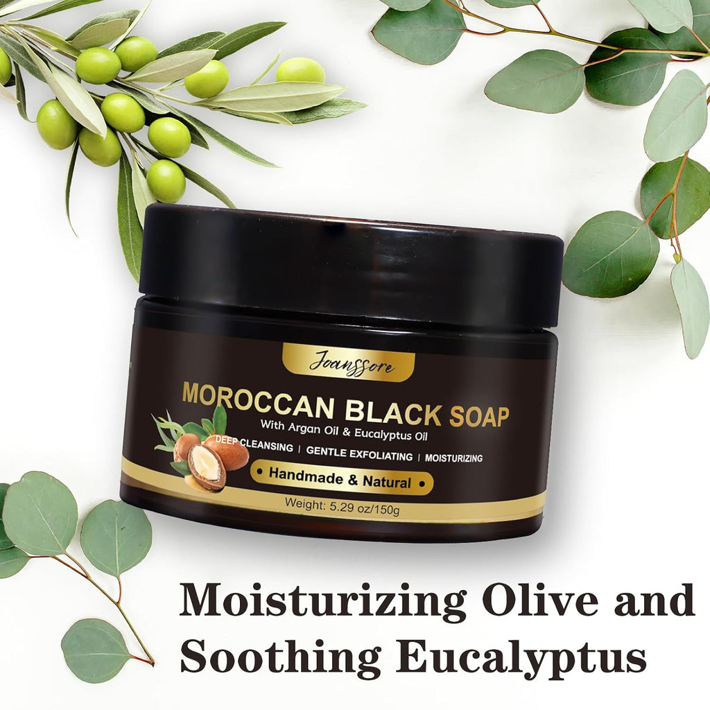 2 Pack Moroccan Black Soap Hammam, Morocco Body Scrub With Exfoliating Glove, Exfoliating Body Cleanser, Argan Oil & Eucalyptus – Deep Cleansing, Softens Skin