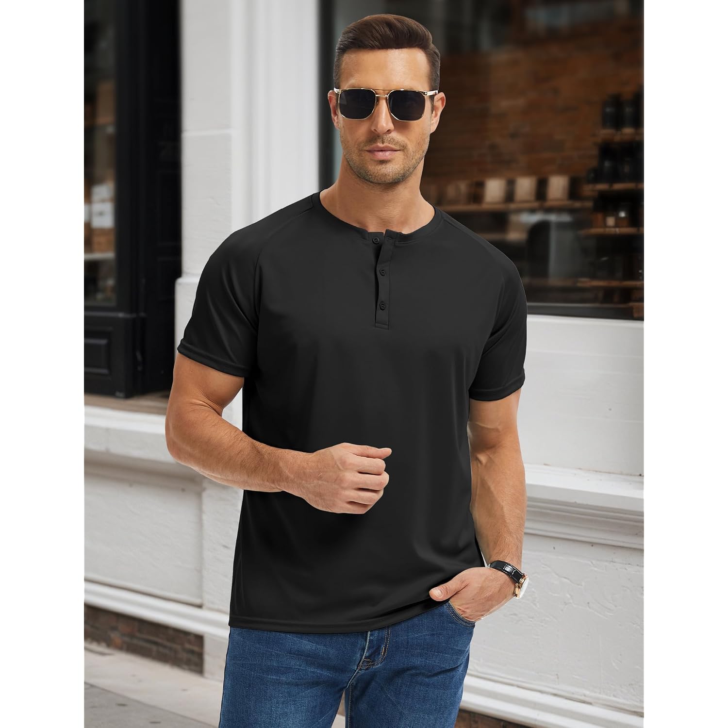 Hovsiyla 5 Pack Men'S Henley Shirt Basic T Shirt, Moisture Wicking Breathable Button Down Short Sleeve