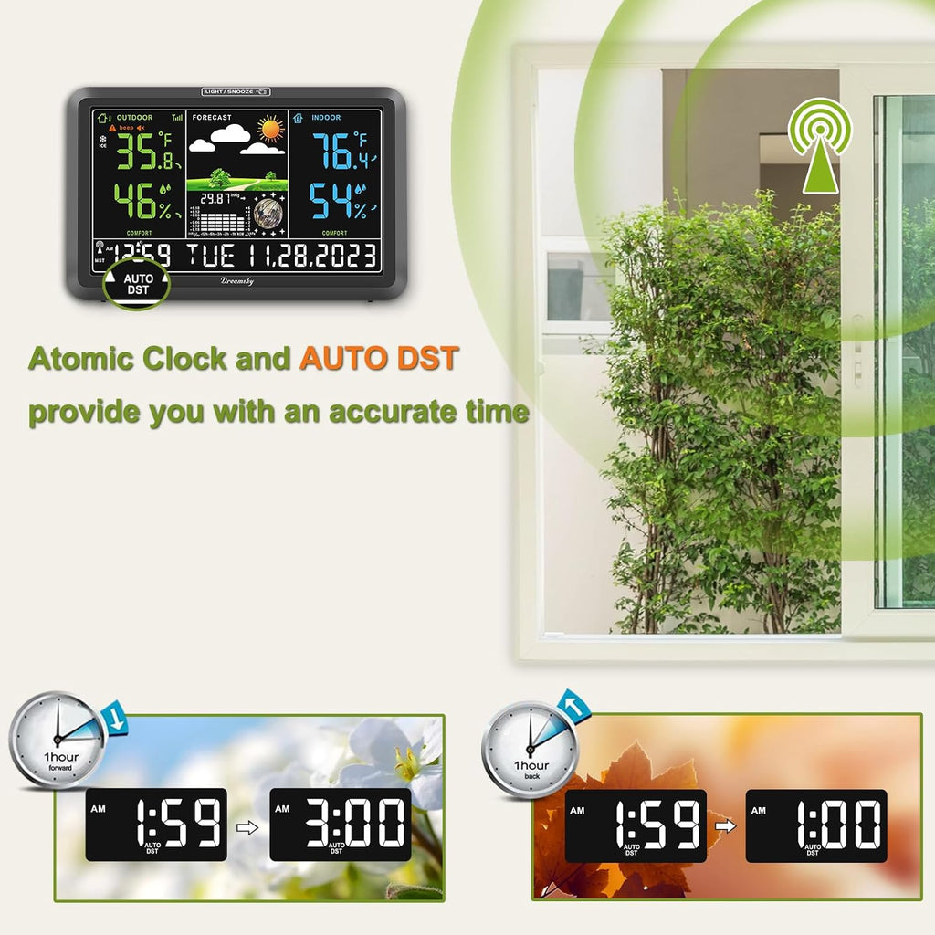 Dreamsky Weather Station Indoor Outdoor Thermometer Wireless, Atomic Clock | Digital Large Display With Backlight Dimmer, Usb Port, Inside Outside Temperature Humidity Monitor For Home (Plug-In)