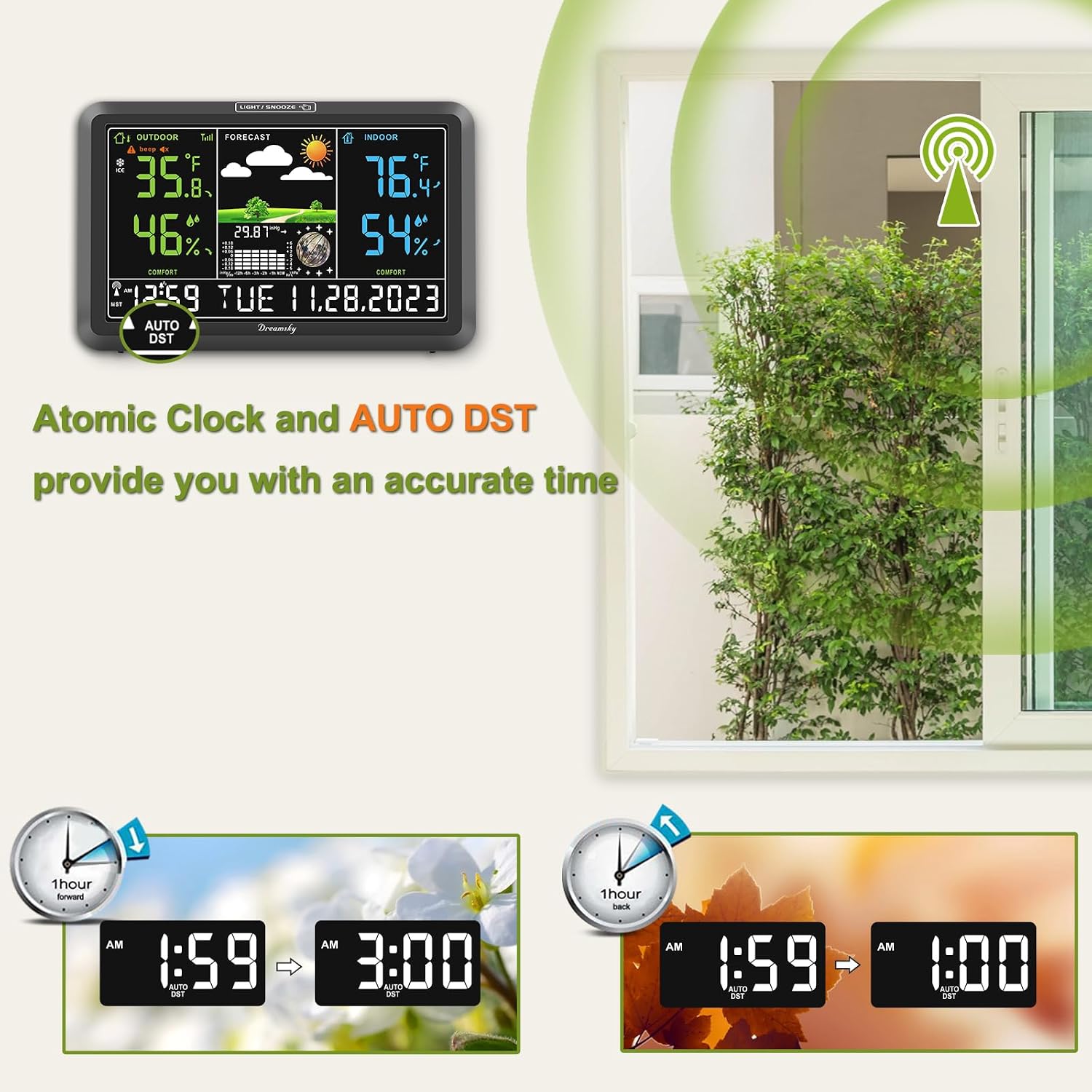 Dreamsky Weather Station Indoor Outdoor Thermometer Wireless, Atomic Clock | Digital Large Display With Backlight Dimmer, Usb Port, Inside Outside Temperature Humidity Monitor For Home (Plug-In)