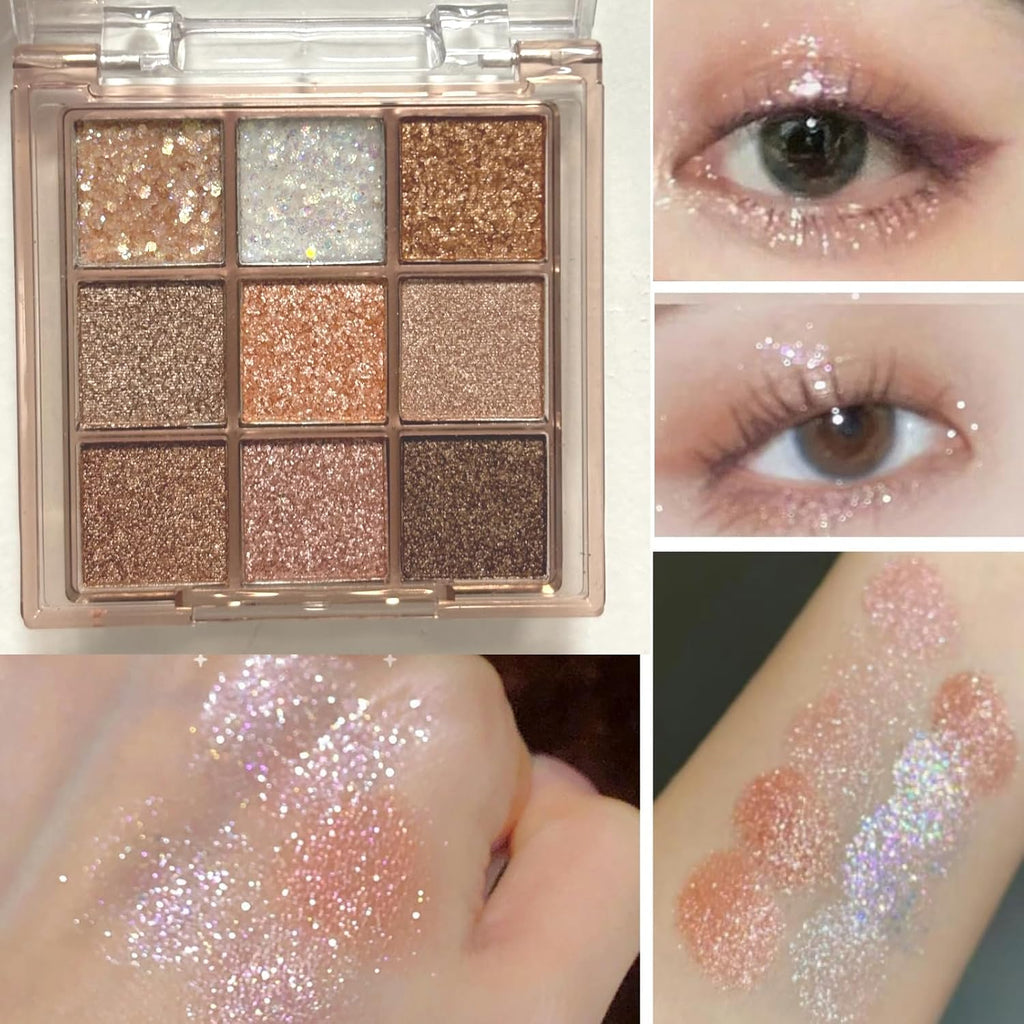 9 Colors Glitter Shimmer Eyeshadow Makeup Palette, Korean Sparkle Neutral Eye Shadow Palettes Highly Pigmented Long Lasting Waterproof Blendable Sombras Para Ojos Pink White Golden Brown Eye Glitter