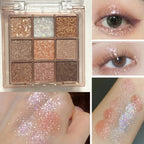 9 Colors Glitter Shimmer Eyeshadow Makeup Palette, Korean Sparkle Neutral Eye Shadow Palettes Highly Pigmented Long Lasting Waterproof Blendable Sombras Para Ojos Pink White Golden Brown Eye Glitter