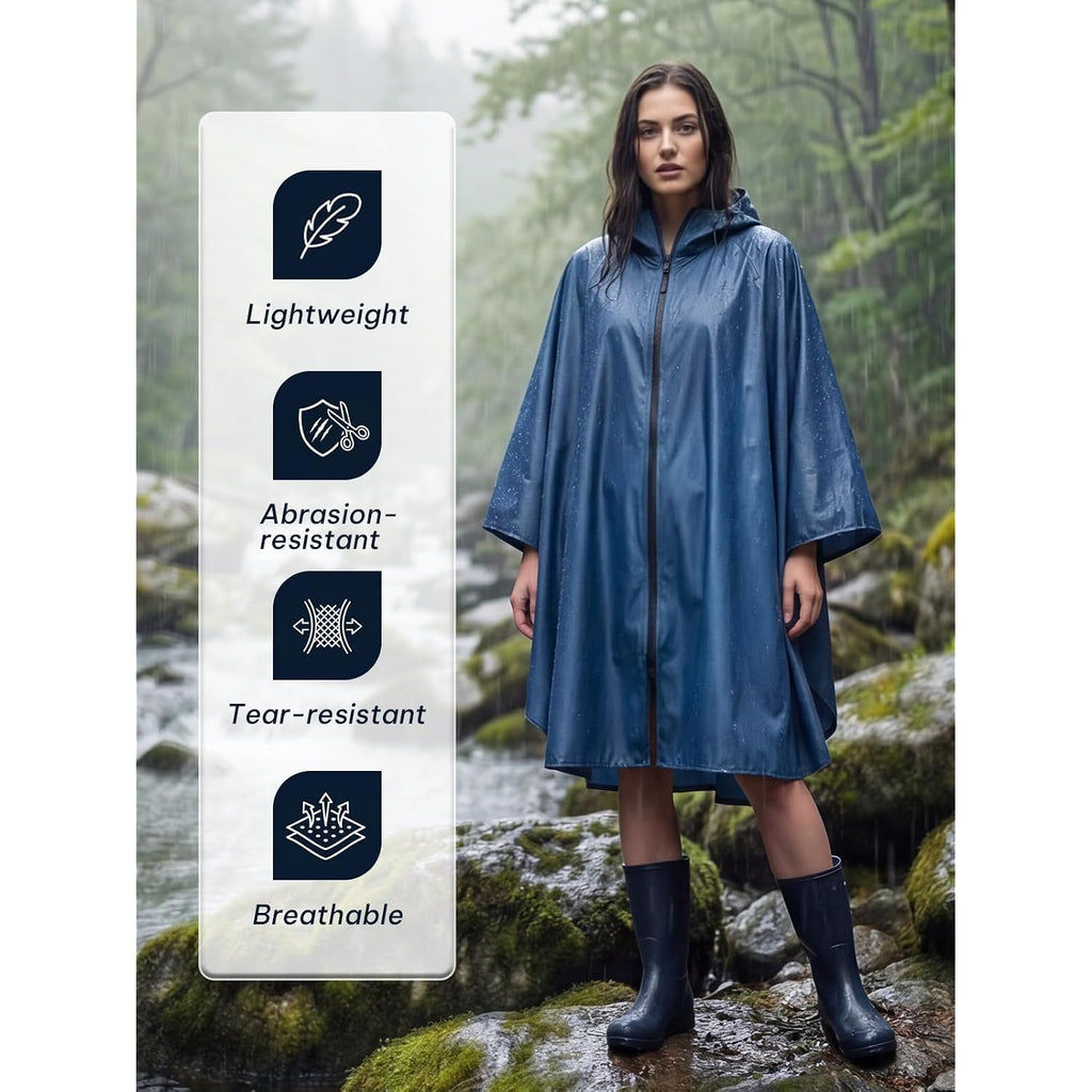 Saphirose Lightweight Waterproof Rain Poncho For Adults With Hood Portable Rainwear For Outdoor