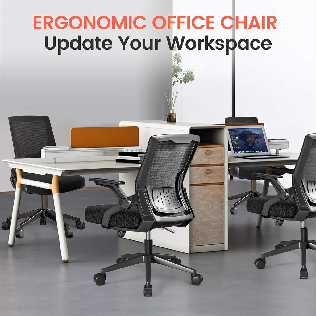 Gtplayer Ergonomic Office Chair With Flip-Up Armrests Executive Computer Chair For Home Office, Breathable Mesh & Comfy Lumbar Support, Black