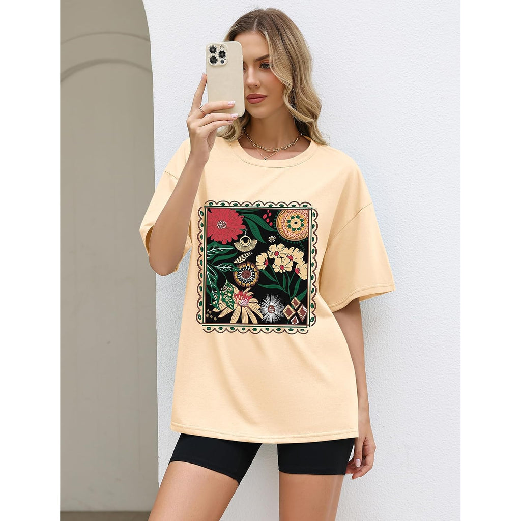 LOMON Oversized Graphic T Shirts for Women Short Sleeve Crewneck Summer Tops Loose Casual Basic Tees Apricot-plant Floral