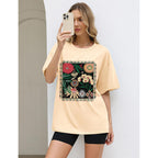 LOMON Oversized Graphic T Shirts for Women Short Sleeve Crewneck Summer Tops Loose Casual Basic Tees Apricot-plant Floral