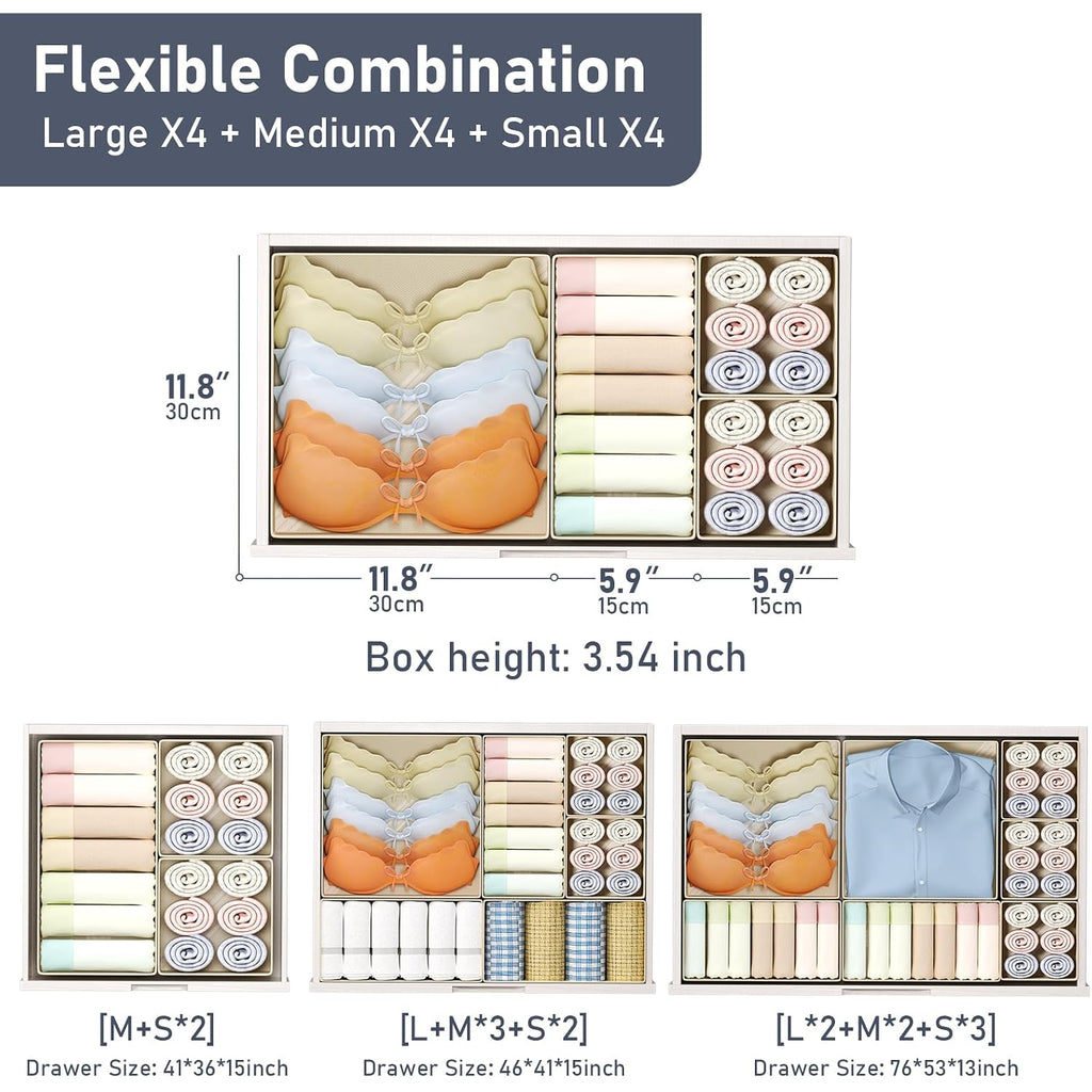 Dimj Drawer Organizer Clothes, 12 Pack Dresser Organizer, Foldable Closet Organizers And Storage, Fabric Dresser Bins, Drawer Dividers For Nursery, Baby Clothes, Underwears, Sock (Beige)