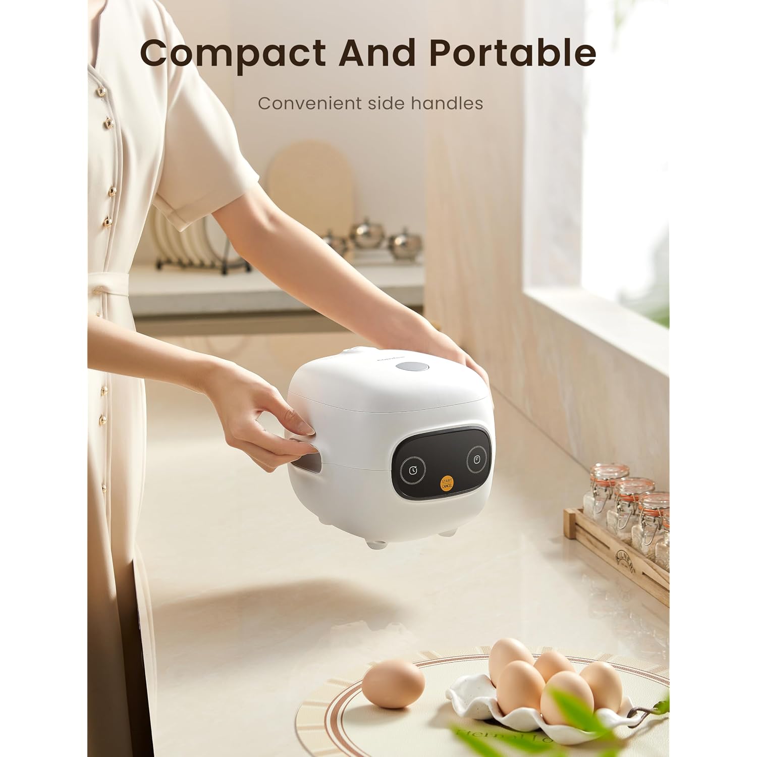 Comfee' Mini Rice Cooker 4 Cups Cooked/2 Cups Uncooked, Portable Non-Stick Rice Maker, 24 Hours Timer Delay, 6 Functions, Fast Cooker, Brown Rice, Oatmeal, White