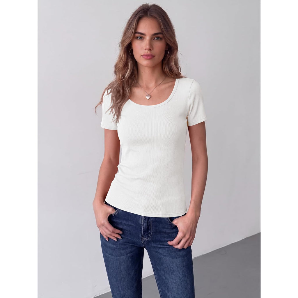 Zeagoo Womens Tops Short Sleeve Scoop Neck Shirts Ribbed Knit Fitted Basic Tees Casual Summer Work Clothes