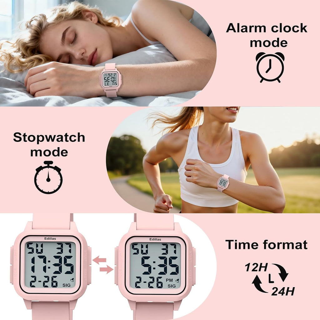 Edillas Square Sport Watch Digital For Women'S Men'S Big Numbers Large Face 5Atm Waterproof Alarm Stopwatch Date Week Military Back Light Wristwatch For Teenagers