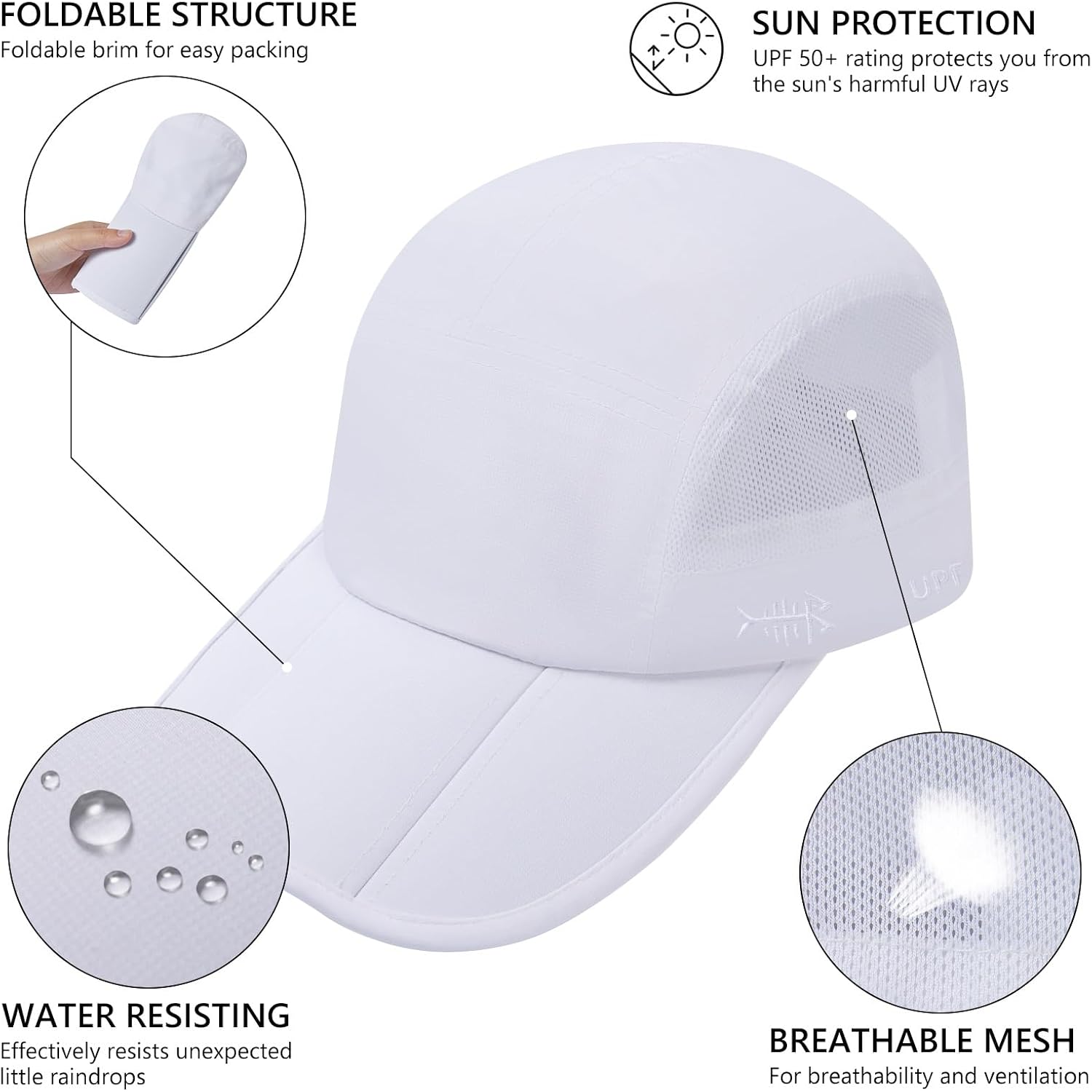 Bassdash Folding Fishing Baseball Cap Upf 50+ Water Resistant Outdoor Portable Brim Hats For Women Men Hiking Adjustable
