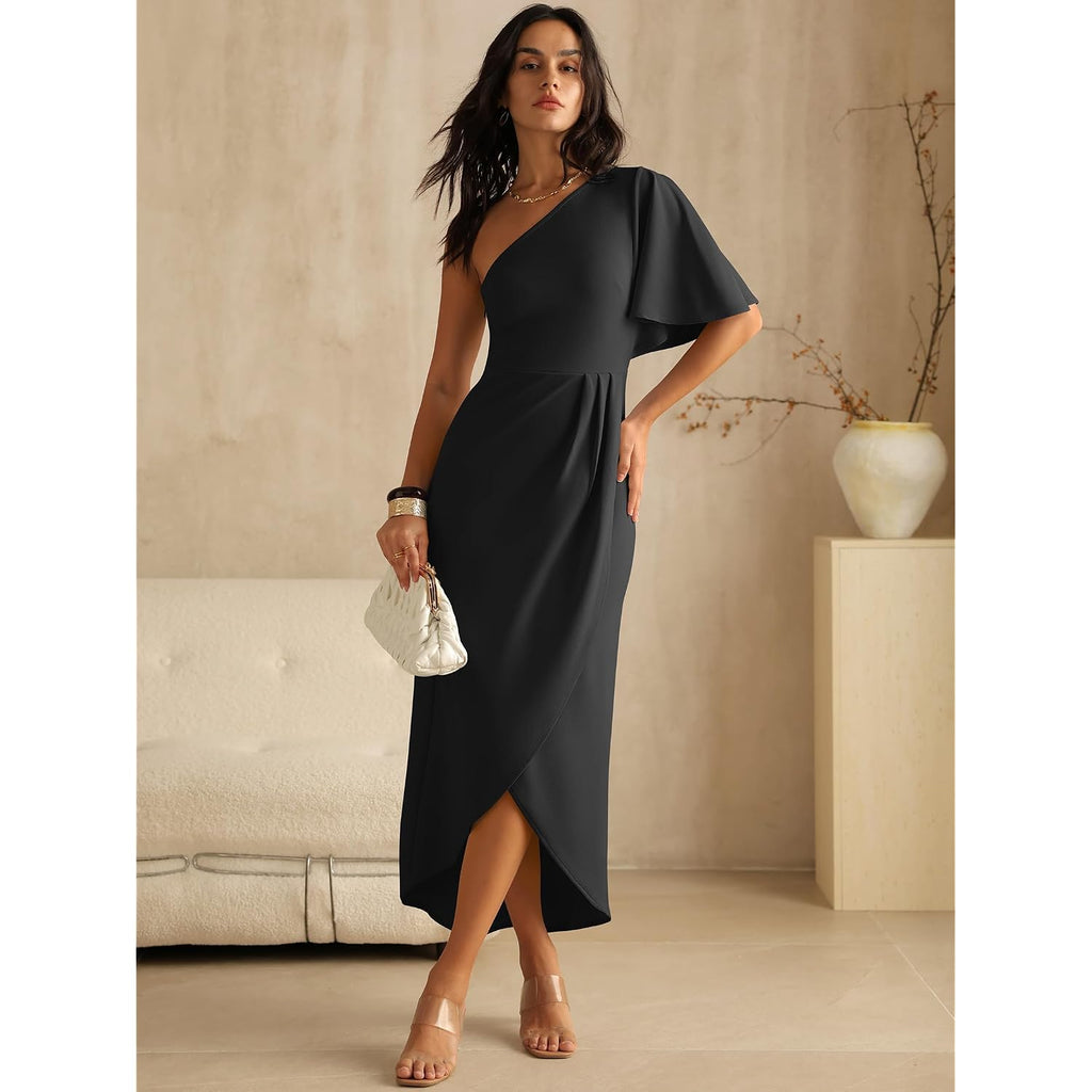 Anrabess Womens One Shoulder Formal Midi Dresses 2026 Summer Wrap High Slit Beach Wedding Guest Party Cocktail Maxi Dress