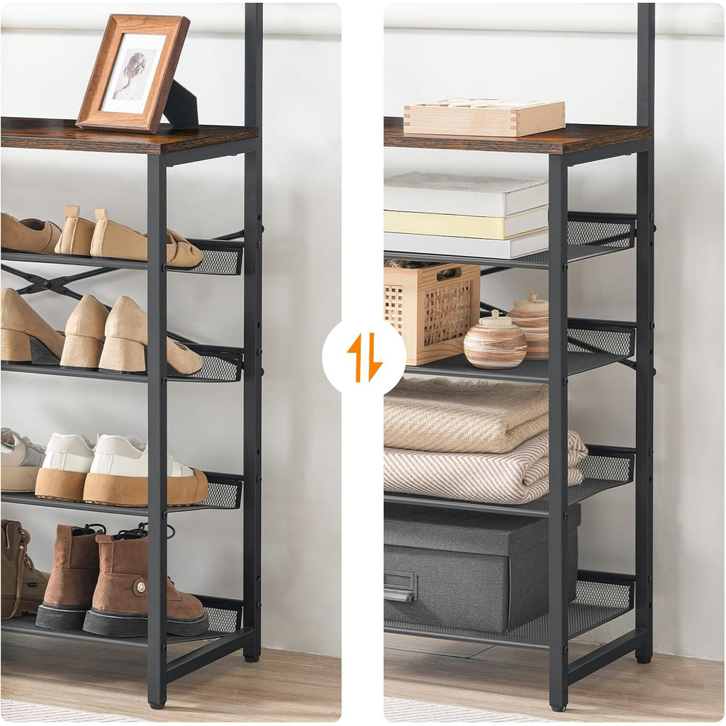 Hoobro Hall Tree With Bench, Entryway Coat Rack With Shoe Rack, Shoe And Coat Rack, 5 Tier Shoe Storage Organizer With Oxford Fabric Side Pockets, Adjustable Mesh Shelves, Rustic Brown Bf75Mt01