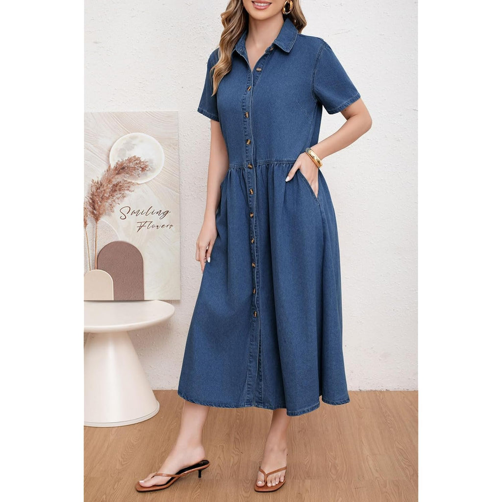 Utcoco Womens Denim Dress Lapel Short Sleeve Frayed Hem Jean Dresses Oversized Button Down A Line Shirt Dress