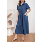 Utcoco Womens Denim Dress Lapel Short Sleeve Frayed Hem Jean Dresses Oversized Button Down A Line Shirt Dress
