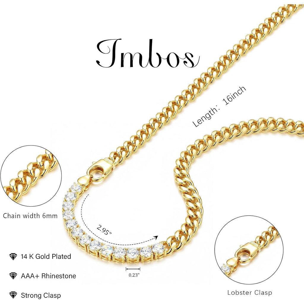 IMBOS 14K Gold Plated Chunky Chain Choker Necklaces for Women Chunky Gold Necklace Tennis Necklace for Women CZ Love Chain Cuban Link Choker Jewelry Gifts