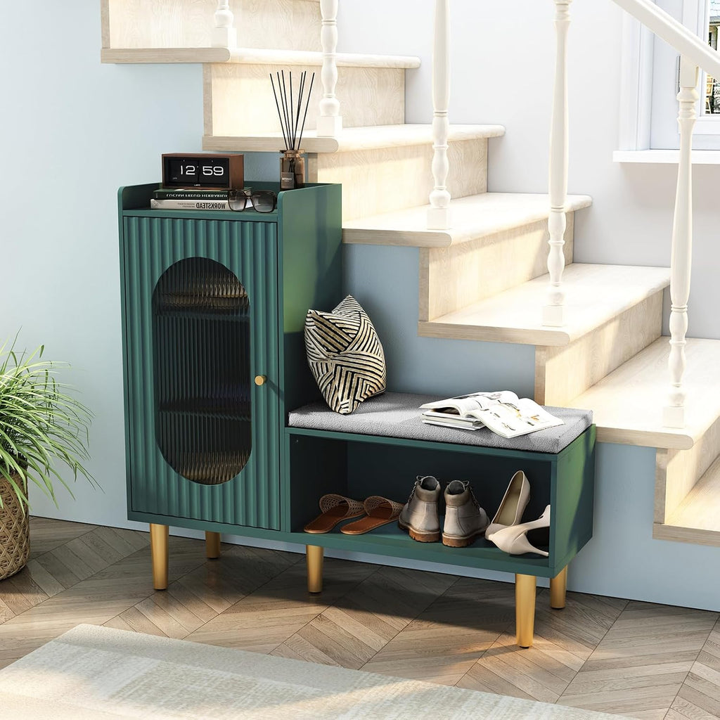 Storage Bench With Glass Door&Shelf, Modern Entryway Shoe Cabinet Bench With Padded Seat, Green L-Shaped Storage Cabinet For Hallway, Bedroom, Living Room, Office