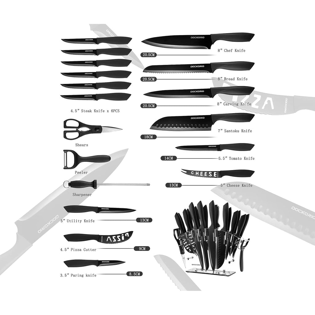 Kitchen Knife Set With Block, 19 Pcs High Carbon Stainless Steel Sharp Includes Serrated Steak Knives Set, Chef Knives, Bread Knife, Scissor, Sharpener, All In One