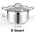 Kirecoo Stainless Steel Stock Pot - 8 Quart Heavy Duty Induction Cooking Pot with Visible Lid for Pasta, Soup, Spaghetti, Nonstick Thick Bottom Big Stockpot, Deep Cookware for Canning, Boiling, Simmer