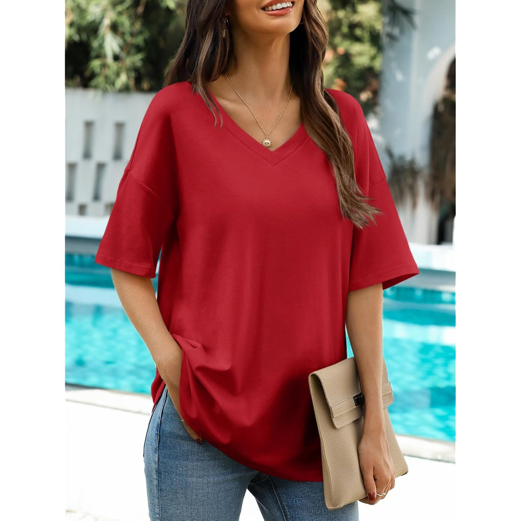 Ebifin Womens Oversized Tshirts V Neck Tee Shirts Half Sleeve Loose Fit T Shirt Cotton Tunic Tops