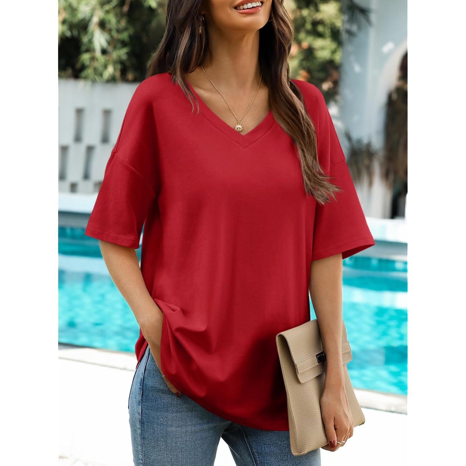 Ebifin Womens Oversized Tshirts V Neck Tee Shirts Half Sleeve Loose Fit T Shirt Cotton Tunic Tops