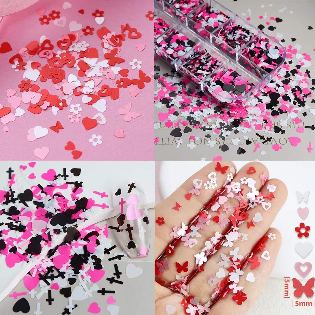 2 Box Pink Nail Art Glitter Valentine's Day Nail Sequins Flakes with Heart Star Design Manicure Fine Glitter Flower Nail Stickers Decals Supplies Nail Charms for Women DIY Nail Art Decorations