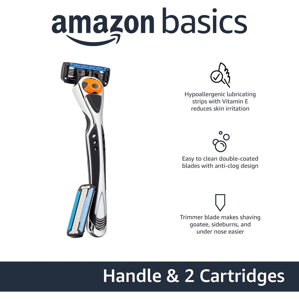Amazon Basics 5-Blade MotionSphere Razor for Men with Dual Lubrication and Precision Beard Trimmer, Handle & 2 Cartridges (Cartridges fit Amazon Basics Razor Handles only) (Previously Solimo)