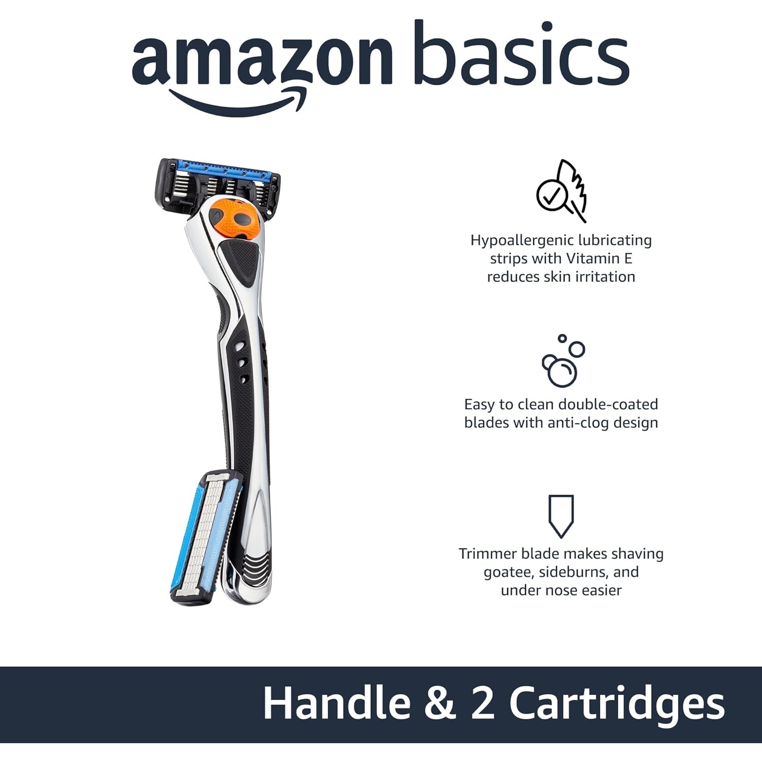 Amazon Basics 5-Blade MotionSphere Razor for Men with Dual Lubrication and Precision Beard Trimmer, Handle & 2 Cartridges (Cartridges fit Amazon Basics Razor Handles only) (Previously Solimo)