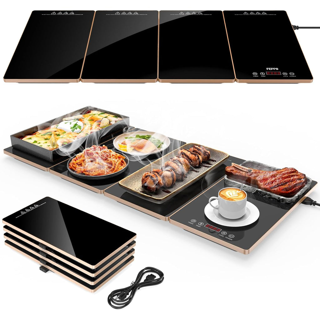 FEPPO Electric Warming Tray, 4-in-1 Food Warmers for Parties Buffet with 10 Temp Settings and Timer, 33"x15" Glass Surface Warming Mat for Food, Modular Buffet Hot Plates for Catering and Gatherings