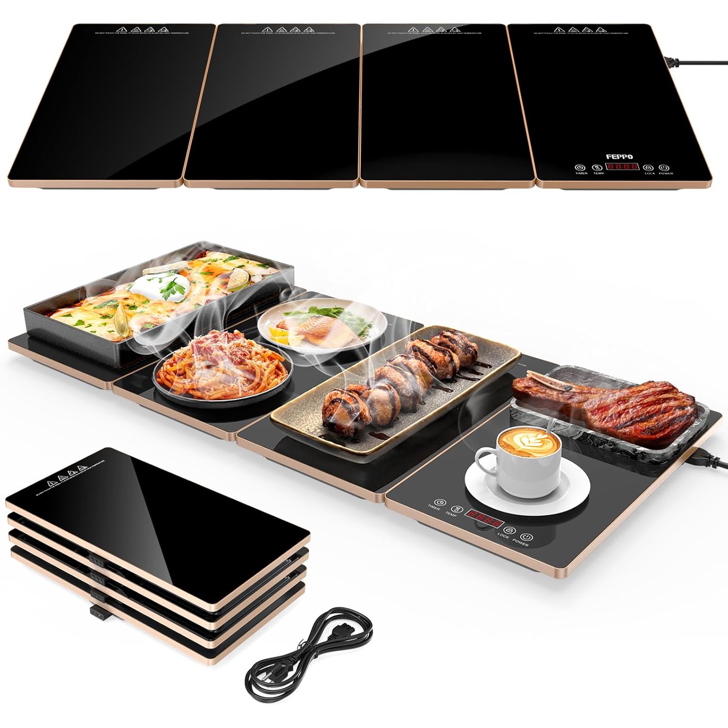 FEPPO Electric Warming Tray, 4-in-1 Food Warmers for Parties Buffet with 10 Temp Settings and Timer, 33"x15" Glass Surface Warming Mat for Food, Modular Buffet Hot Plates for Catering and Gatherings