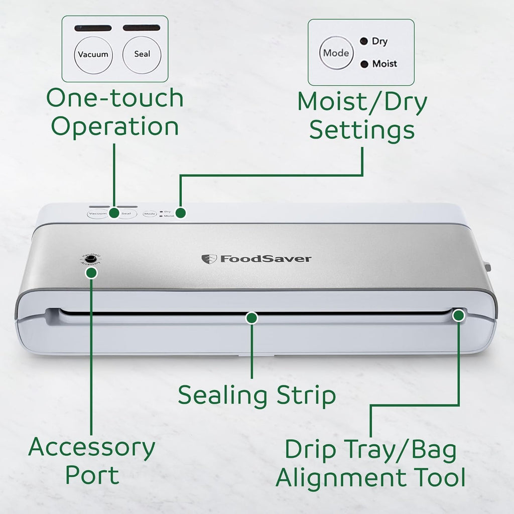 FoodSaver Compact Vacuum Sealer Machine with Airtight Bags and Roll - Ideal for Sous Vide and Airtight Food Storage, White