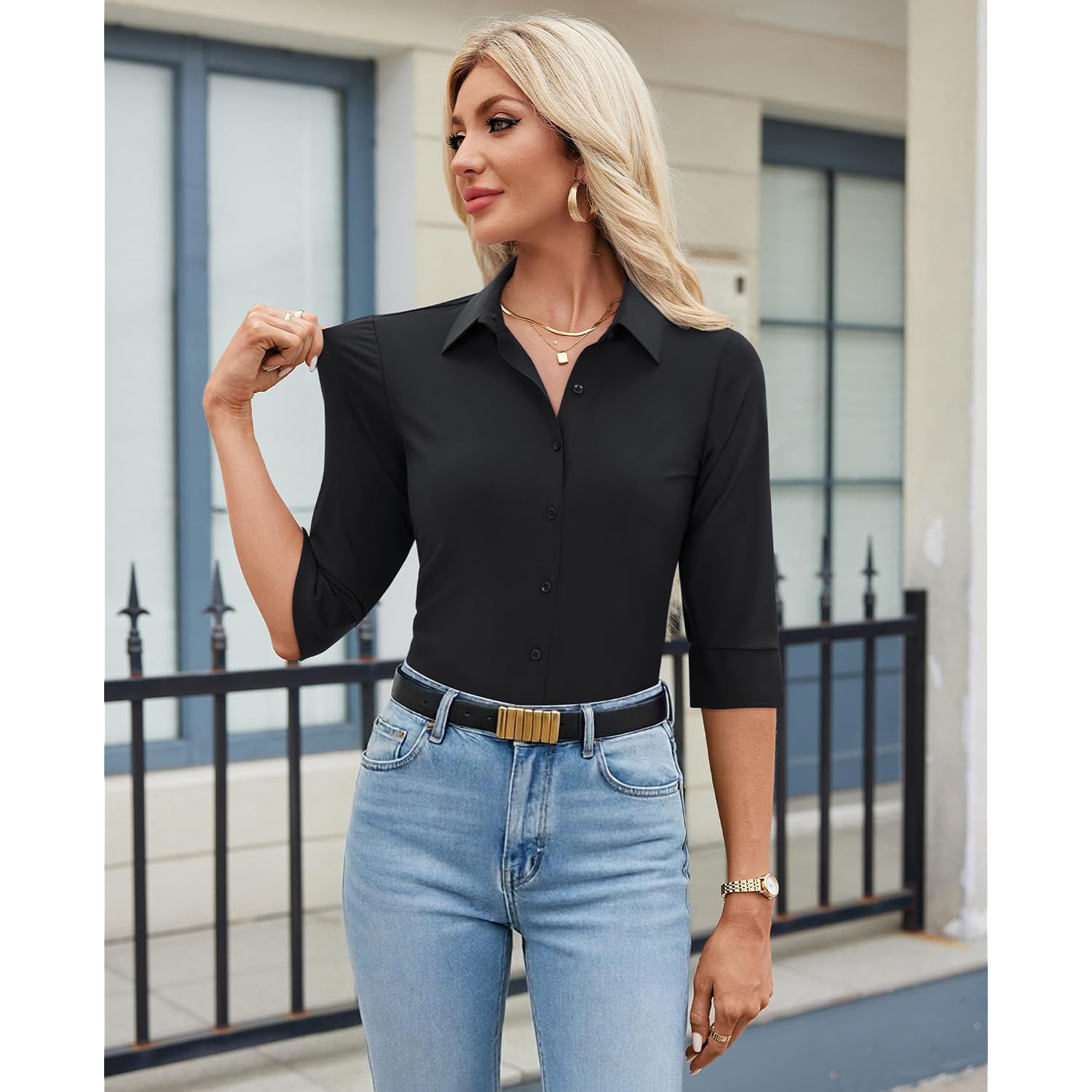 Siliteelon Button Down Shirts For Women 3/4 Sleeve Stretch Wrinkle Free Collared Dress Shirt Business Casual Tops Work Blouse