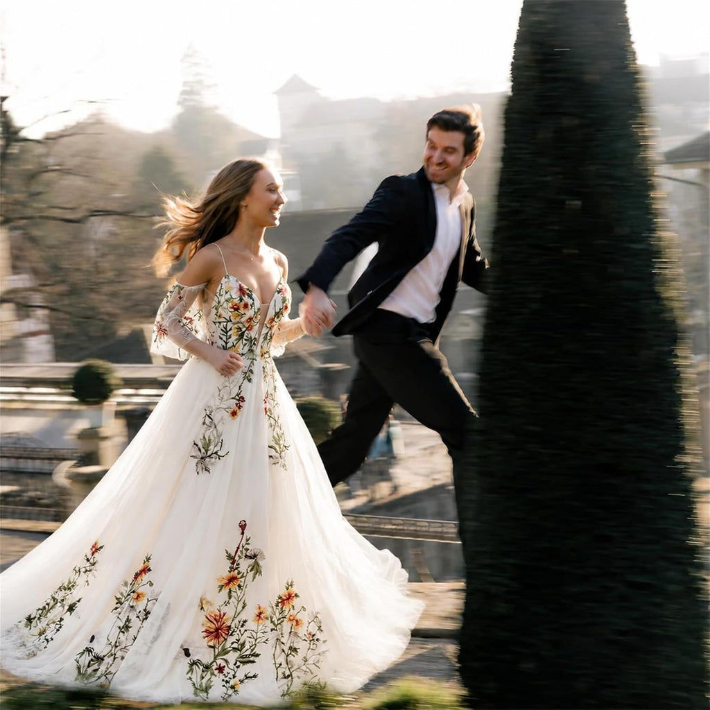 Floral Embroidered Wedding Dress For Bride Long Off Shoulder V Neck Chiffon Evening Bridal Gown
