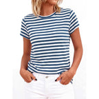Btfbm Tops For Women Trendy Summer 2026 Crew Neck Short Sleeve T Shirts Striped Casual Vacation Blouse Basic Tee