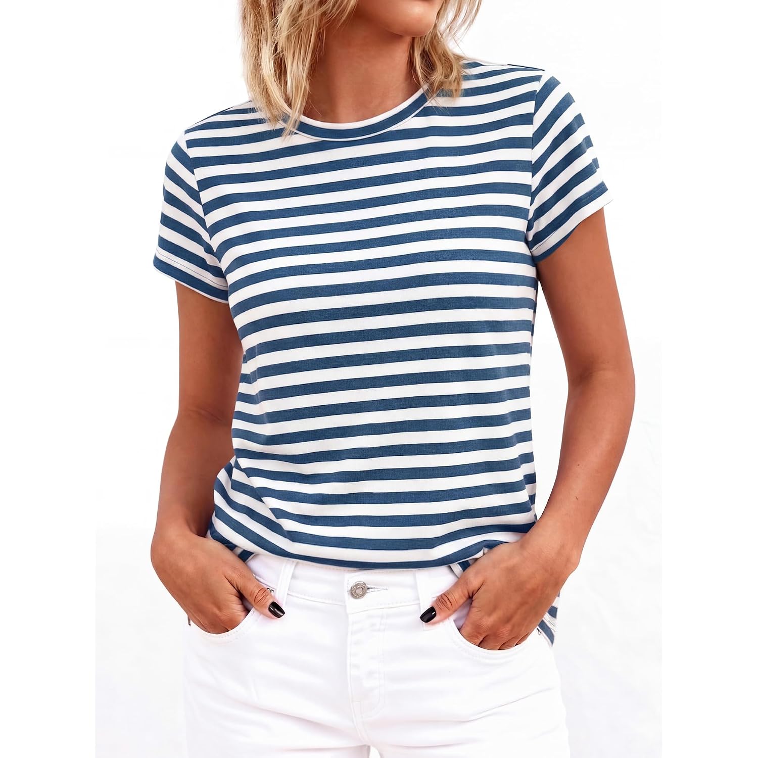 Btfbm Tops For Women Trendy Summer 2026 Crew Neck Short Sleeve T Shirts Striped Casual Vacation Blouse Basic Tee