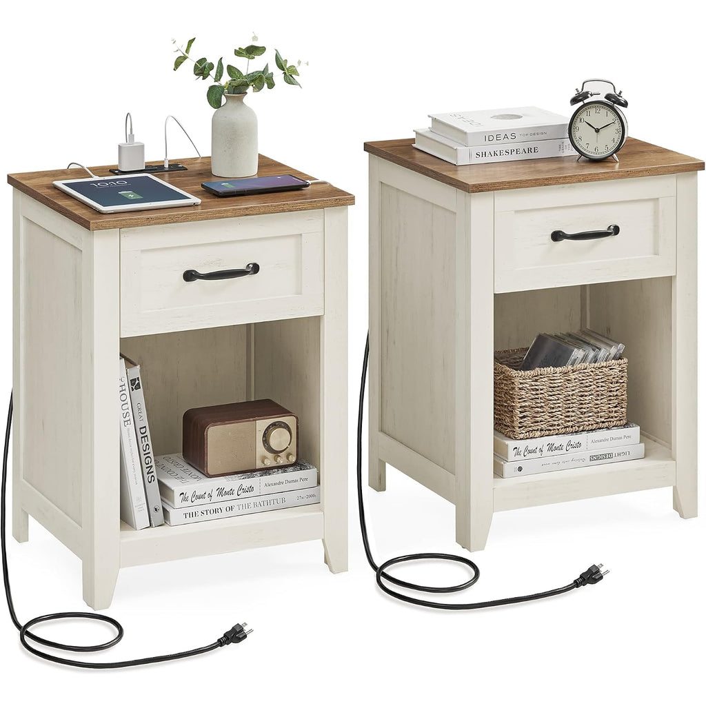 Vasagle Liry Collection - Farmhouse Nightstands With Charging Station, Set Of 2 Bedside Tables, Side Tables With Drawer, Open Compartment, For Bedroom, Rustic White And Honey Brown Ulet859K41