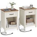 Vasagle Liry Collection - Farmhouse Nightstands With Charging Station, Set Of 2 Bedside Tables, Side Tables With Drawer, Open Compartment, For Bedroom, Rustic White And Honey Brown Ulet859K41
